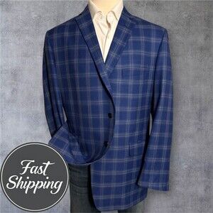 EC by Tom James Men's 48L Blue Windowpane Wool Blazer Sport Coat 2-Button Jacket